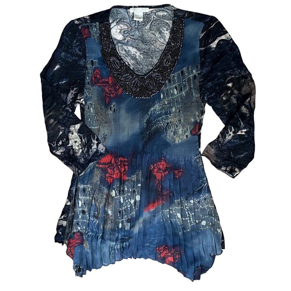 Alberto Makali M Tunic Pleated Beaded Top Micropleats Shirt Crinkle Knit Sweater